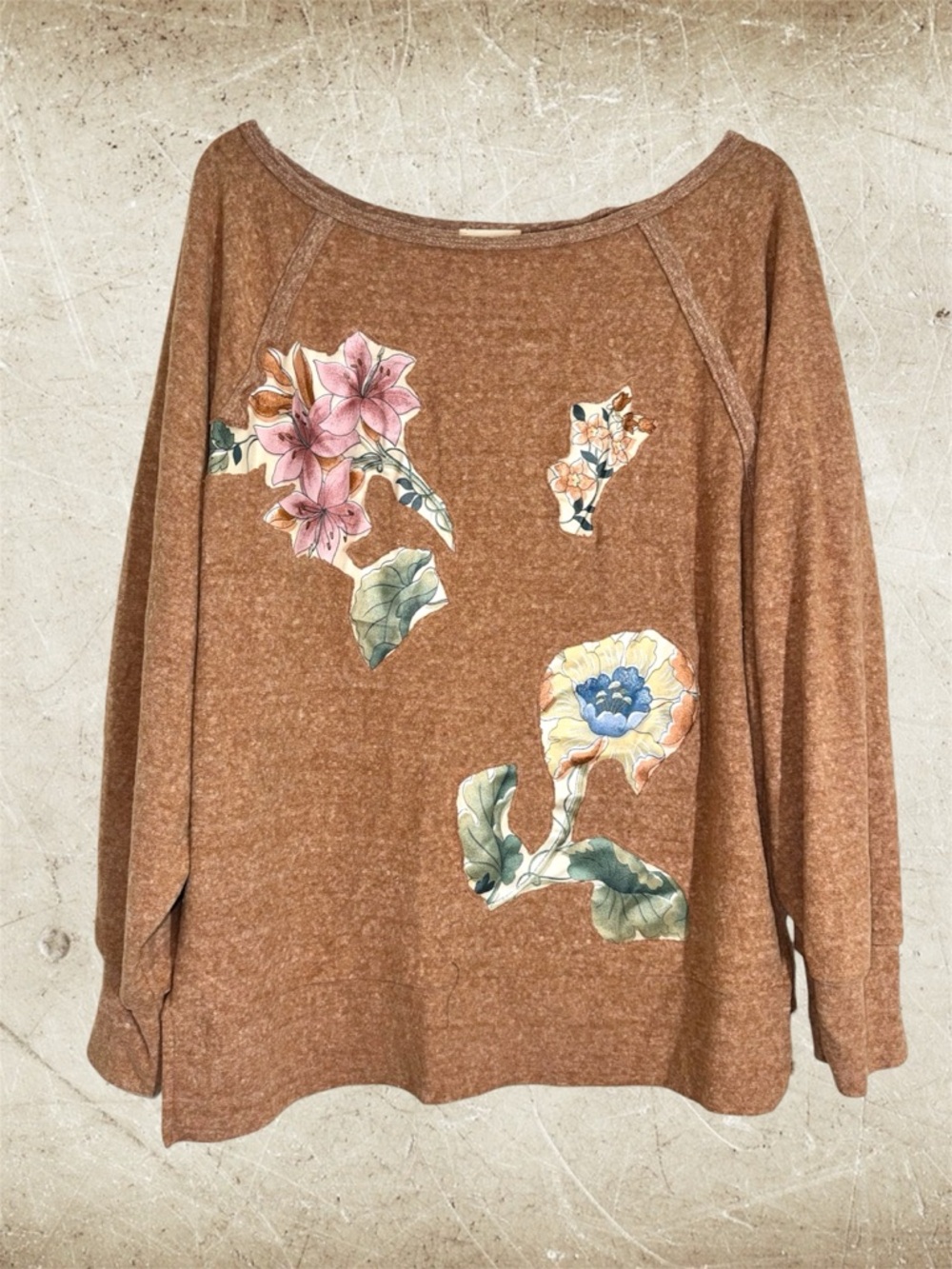 1.4.3 Story by Line UpCycled Unique Heathered Brown Crewneck Top with Flowers